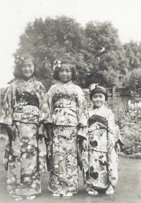 My sisters Mary, Sumi, and Amy wearing kimono gifts from Japan.