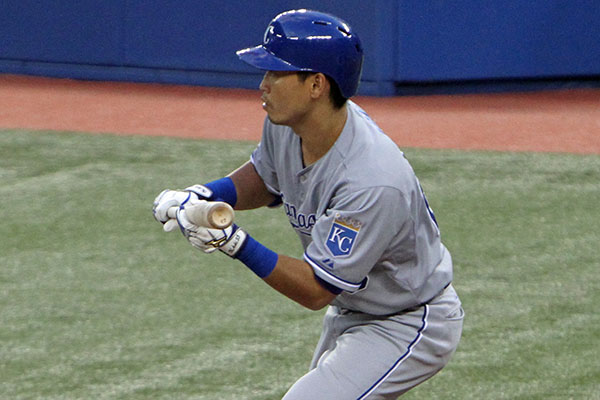 Norichika Aoki lead off the KC Royals against the Jays May 30, 2014, hitting a single, double and stole a base to a 6-1 win. Photo credit: Jonathan Eto.