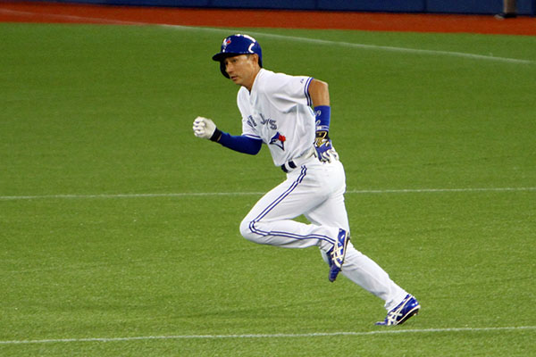 Munenori Kawasaki pinch running in the bottom of the eighth in a 3-3 tie game against the Miami Marlins in interleague play June 9, 2015.
